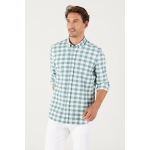 AC&Co / Altınyıldız Classics Men's White-green Slim Fit Slim Fit Buttoned Collar Plaid Shirt