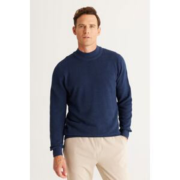 AC&Co / Altınyıldız Classics Men's Indigo Recycle Standard Fit Regular Cut Half Turtleneck Cotton Jacquard Knitwear Sweater