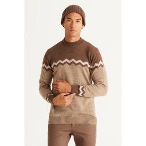 AC&Co / Altınyıldız Classics Men's Brown-beige Standard Fit Regular Cut Half Turtleneck Zigzag Patterned Knitwear Sweater