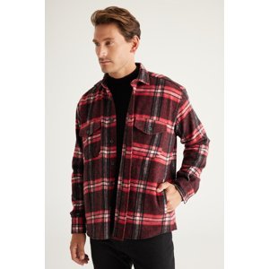 AC&Co / Altınyıldız Classics Men's Red-black Oversize Wide Cut Buttoned Collar Plaid Lumberjack Winter Shirt Jacket