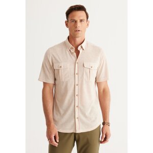 ALTINYILDIZ CLASSICS Men's Beige Slim Fit Slim Fit Hidden Button Collar Pocket Short Sleeve Shirt