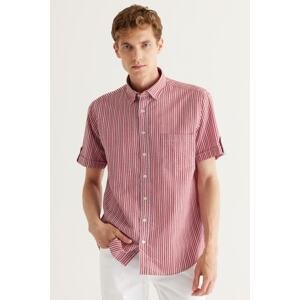 AC&Co / Altınyıldız Classics Men's Burgundy Comfort Fit Relaxed Cut Buttoned Collar Cotton Striped Shirt