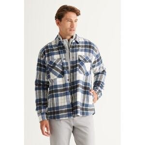 AC&Co / Altınyıldız Classics Men's Navy Blue-Beige Oversize Wide Cut Buttoned Collar Plaid Patterned Lumberjack Winter Shirt Jacket