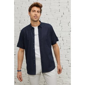 AC&Co / Altınyıldız Classics Men's Navy Blue Comfort Fit Relaxed Cut Buttoned Collar Linen Look 100% Cotton Short Sleeve Shirt