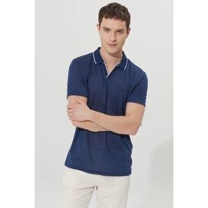 ALTINYILDIZ CLASSICS Men's Navy Blue Slim Fit Narrow Cut Polo Neck Pocket Short Sleeve Linen Look T-Shirt