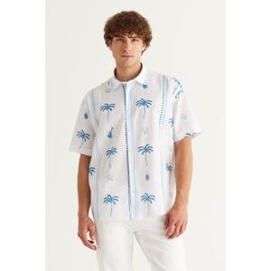 AC&Co / Altınyıldız Classics Men's White-Navy Blue Oversize Wide Cut Classic Collar 100% Cotton Printed Shirt