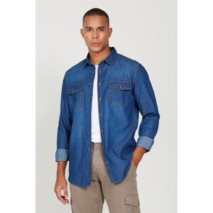 AC&Co / Altınyıldız Classics Men's Blue Slim Fit Slim Fit Hidden Button Collar 100% Cotton Denim Shirt