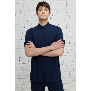 ALTINYILDIZ CLASSICS Men's Navy Blue Slim Fit Slim Fit Buttoned Collar Short Sleeve Shirt with Pocket