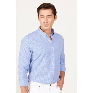 AC&Co / Altınyıldız Classics Men's Blue Slim Fit Narrow Cut Button Collar Cotton Checked Shirt