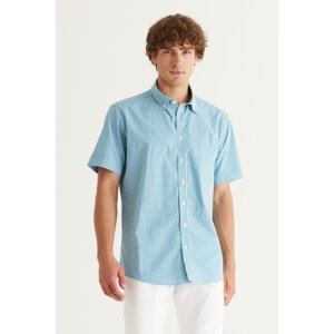 AC&Co / Altınyıldız Classics Men's White-turquoise Comfort Fit Relaxed Cut Buttoned Collar 100% Cotton Gingham Shirt