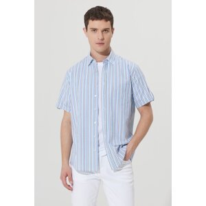 AC&Co / Altınyıldız Classics Men's White-blue Comfort Fit Relaxed Cut Concealed Button Collar Cotton Striped Shirt