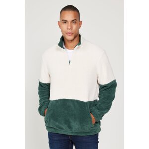 AC&Co / Altınyıldız Classics Men's Tas-dark Green Standard Fit High Bato Collar Kangaroo Pocket Double Color Sherpa Fleece Sweatshirt