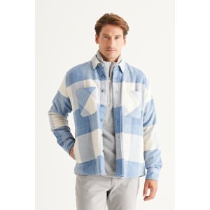 AC&Co / Altınyıldız Classics Men's Blue-beige Oversize Wide Cut Buttoned Collar Plaid Patterned Lumberjack Winter Shirt Jacket