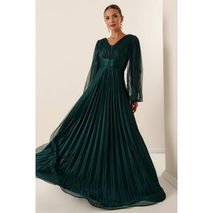 By Saygı Front Back V Neck Balloon Sleeve Pleated Long Tulle Dress Green