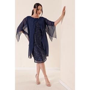 By Saygı Navy Blue Chiffon Cape Lined Stuffed Plus Size Dress