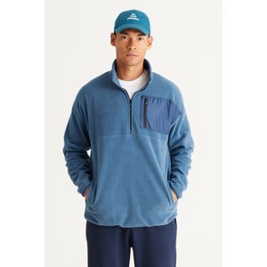 AC&Co / Altınyıldız Classics Men's Indigo Oversize Wide Cut High Bato Neck Pocket Detailed Zippered Warm Fleece Sweatshirt