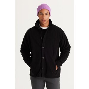 AC&Co / Altınyıldız Classics Men's Black Oversize Wide Cut Classic Collar Anti-Pilling Winter Comfort Fleece Shirt