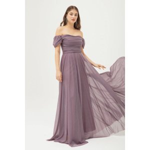 Lafaba Women's Lavender Boat Neck Draped Long Silvery Evening Dress