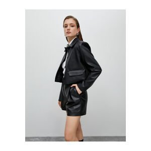 Koton Leather Look Jacket Crop Covered Pocket Buttoned