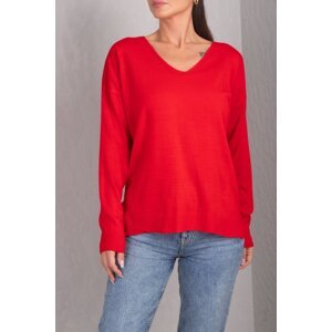 armonika Women's Red V-Neck Front Short Rear Long Knitwear Sweater