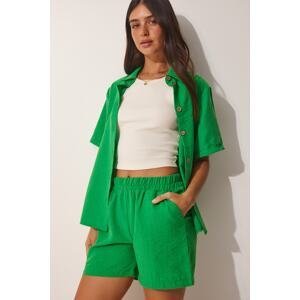Happiness İstanbul Women's Dark Green Linen Surface Shorts Shirt Set