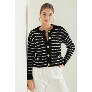 Lafaba Women's Black Striped Gold Buttoned Knitwear Cardigan