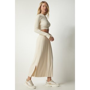 Happiness İstanbul Women's Cream Ribbed Knitwear Crop Skirt Suit