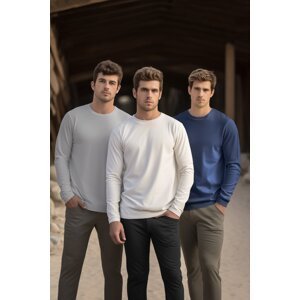 Trendyol Indigo-Stone-Ecru Men's Regular/Normal Fit Long Sleeve 3-Pack Basic 100% Cotton T-Shirt