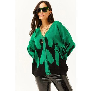 Olalook Women's Grass Green Juicy Patterned Oversize Knitwear Cardigan