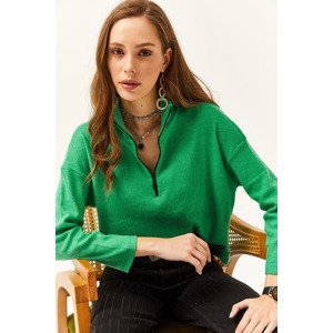 Olalook Women's Grass Green Zippered High Collar Rose Gold Sweater