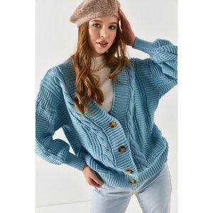 armonika Women's Baby Blue Hair Knit Detail Front Buttoned Cardigan