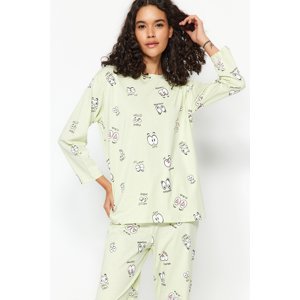 Trendyol Green 100% Cotton Eye Patterned T-shirt-Jogger Knitted Pajama Set