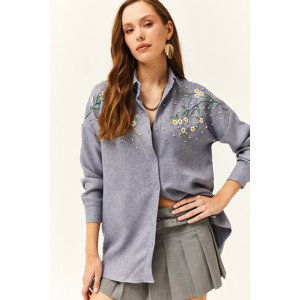 Olalook Women's Indigo Embroidered Pearl Wool Effect Oversize Winter Shirt