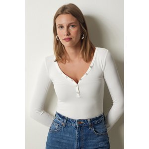 Happiness İstanbul Women's White Button Collar Corded Crop Knitted Blouse