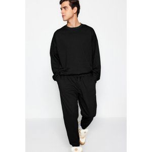 Trendyol Men's Black Oversize/Wide-Fit Long Sleeve Labeled Fleece Tracksuit