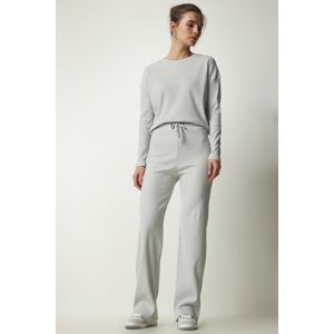 Happiness İstanbul Women's Light Gray Casual Ribbed Blouse Pants Suit