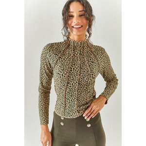 Olalook Women's Leopard Green Piece High Collar Lycra Crop Blouse