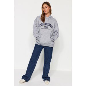 Trendyol Gray Fleece City Printed Oversize/Wide Fit Hooded Knitted Sweatshirt