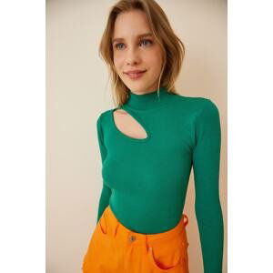 Happiness İstanbul Women's Vibrant Green Cut Out Detailed Corduroy Knitted Blouse