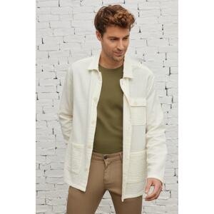 ALTINYILDIZ CLASSICS Men's Beige Comfort Fit Relaxed Cut Concealed Buttoned Collar 100% Cotton Winter Shirt Jacket