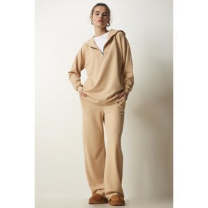 Happiness İstanbul Women's Cream Ribbed Knitted Blouse and Pants Suit