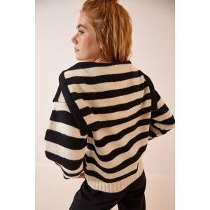 Happiness İstanbul Women's Black Cream Polo Neck Striped Knitwear Sweater