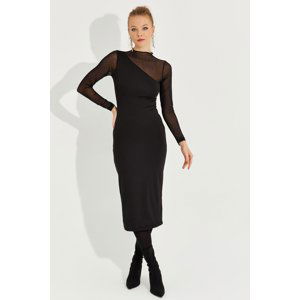 Cool & Sexy Women's Black Tulle Detailed Asymmetric Midi Dress
