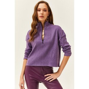 Olalook Women's Purple Zipper High Neck Raised Sweater