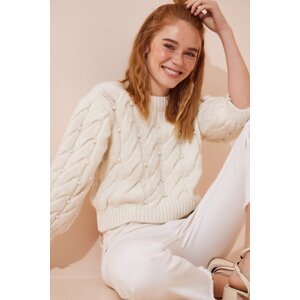 Happiness İstanbul Women's Cream Pearl Stone Knitted Knitwear Sweater