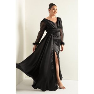 Lafaba Women's Black V-Neck Long Plus Size Evening Dress with Stones and Slits on the Sleeves