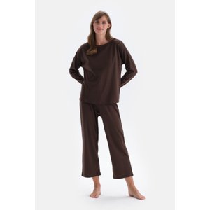 Dagi Dark Brown Boat Neck Basic Pajamas Set