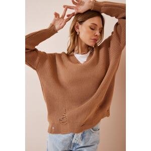 Happiness İstanbul Women's Camel V-Neck Ripped Detail Knitwear Sweater