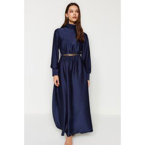 Trendyol Navy Blue Collar and Cuff Drape Detailed Belted Woven Evening Dress