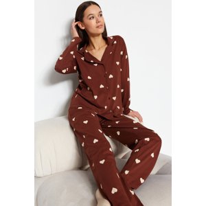 Trendyol Brown 100% Cotton Heart Patterned Shirt-Pants Knitted Pajamas Set